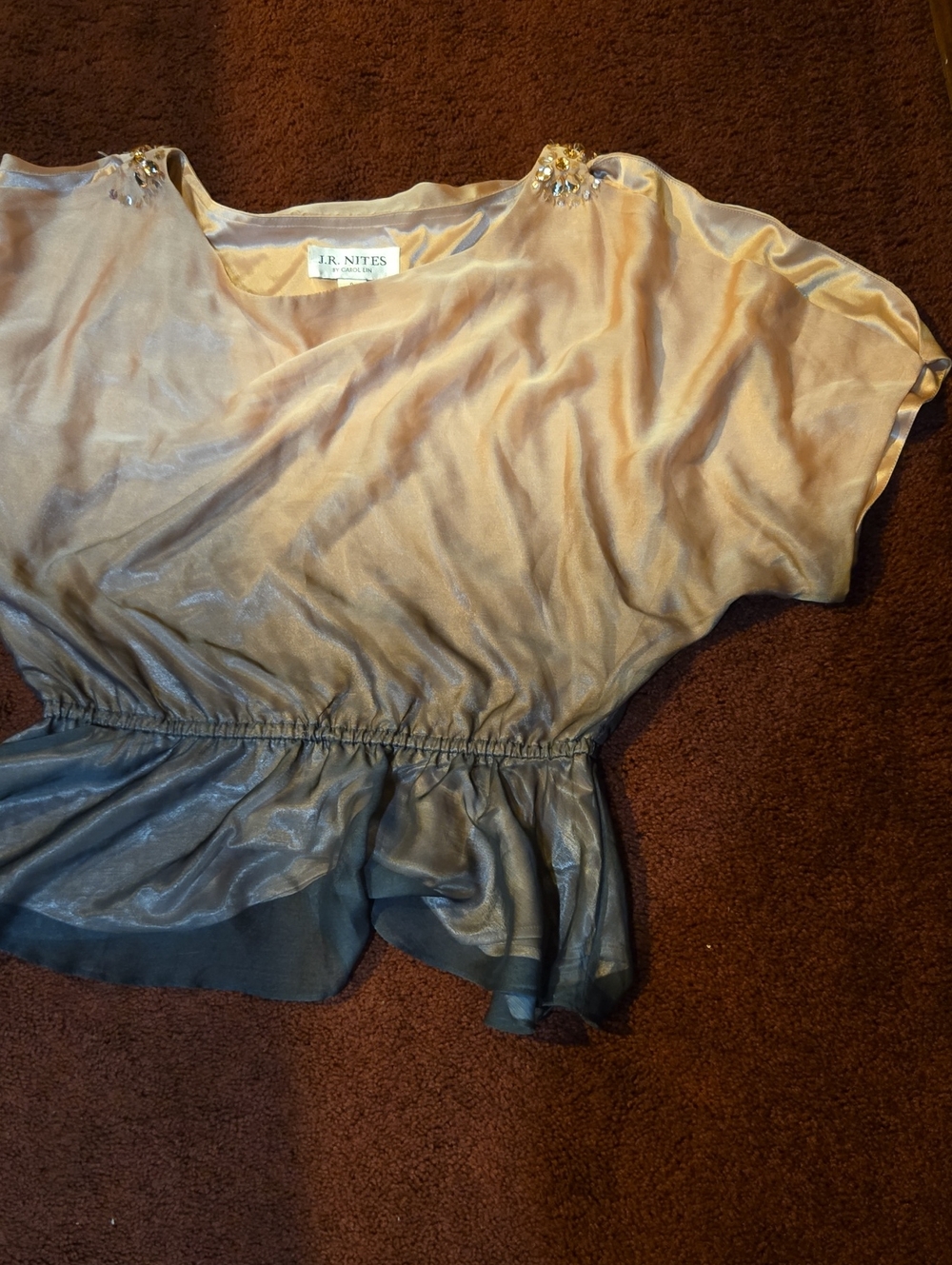 J.R. Nites Taupe Shimmery Short-Sleeve Peplum Blouse